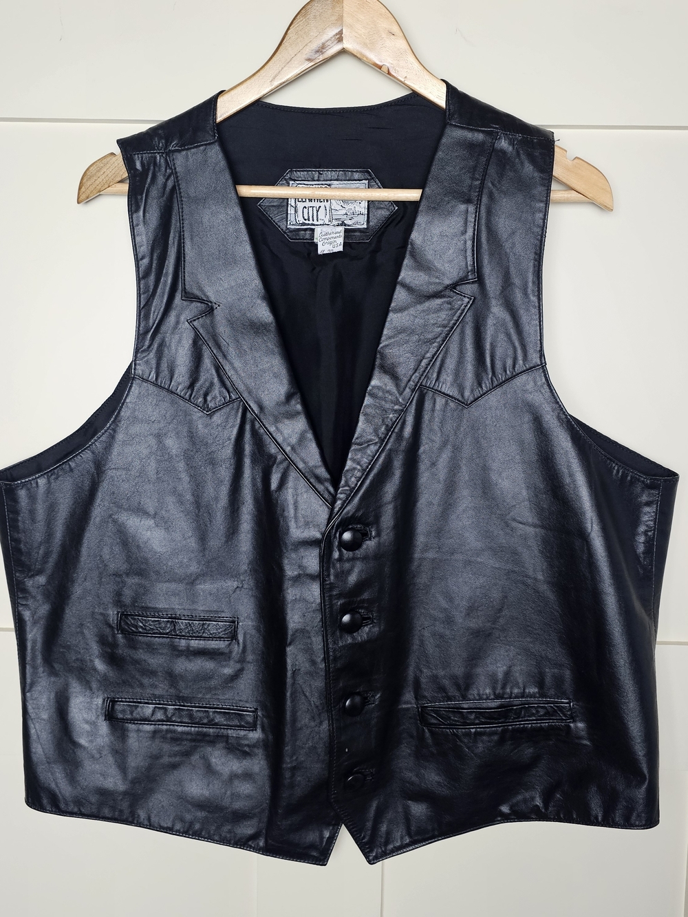 Leather City Vintage Men's Black Button-Front Vest Size 48 Made In USA